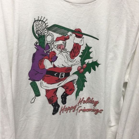 Vintage Screen Stars Happy Holiday Trimmings Santa Clause Long-sleeve White XL - Picture 3 of 7